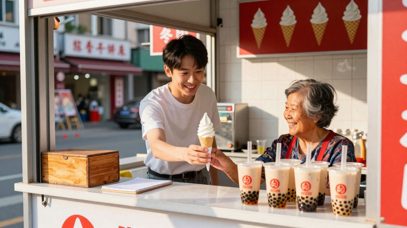 Jovem entrega sorvete para idosa em quiosque com cinco copos de chá de bolhas na bancada.