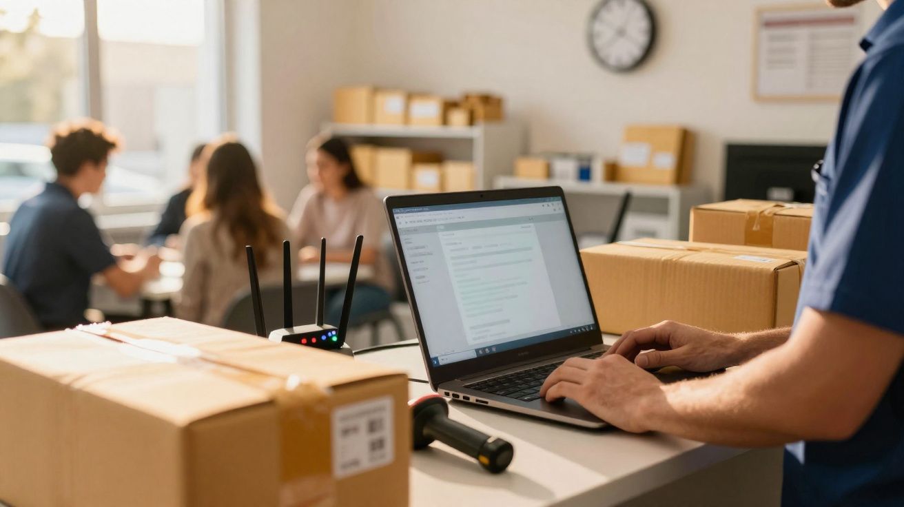 Pessoa usando laptop em mesa com caixas de encomenda e grupo discutindo ao fundo em ambiente de trabalho.