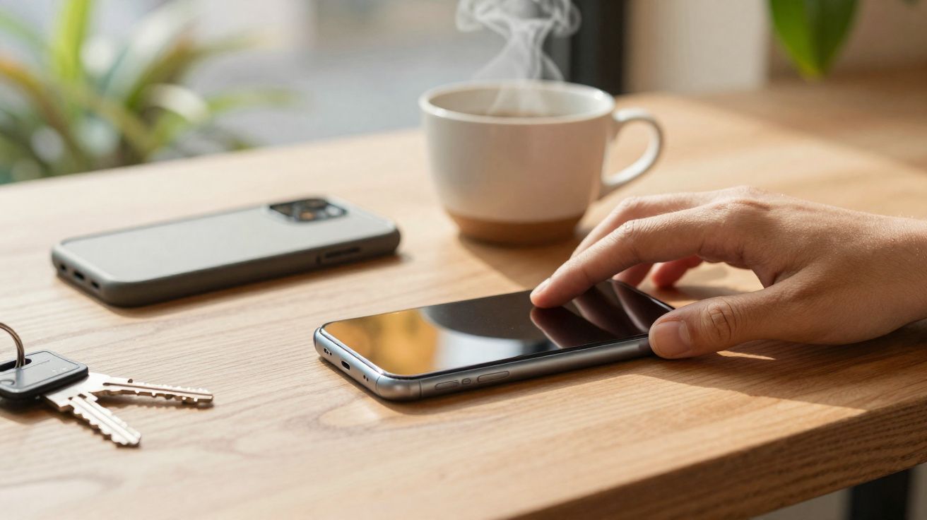 Mão tocando smartphone sobre mesa de madeira com chave, outro celular e xícara de café com vapor.