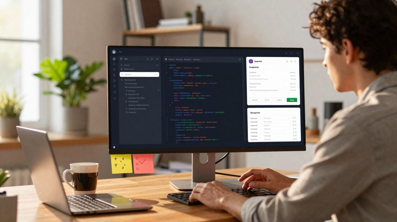 Pessoa programando código em computador com tela grande em ambiente de trabalho iluminado e organizado.