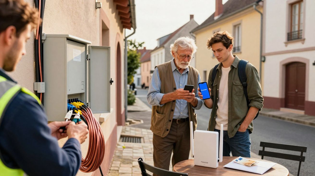 Idoso e jovem consultam celular ao lado de roteador em área externa, enquanto técnico manuseia cabos.