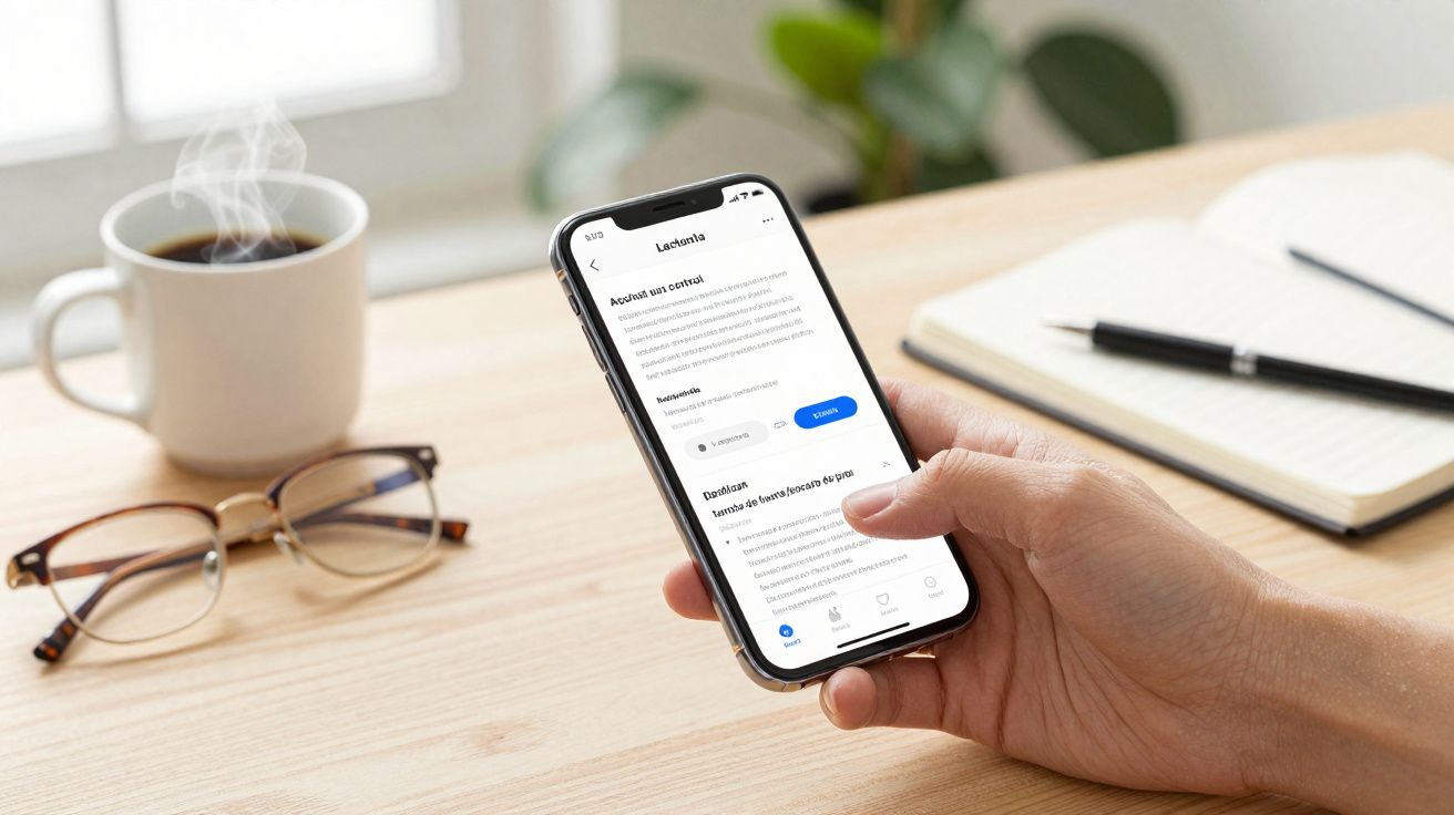 Pessoa segurando smartphone com texto exibido, mesa com xícara de café, óculos e caderno ao fundo.
