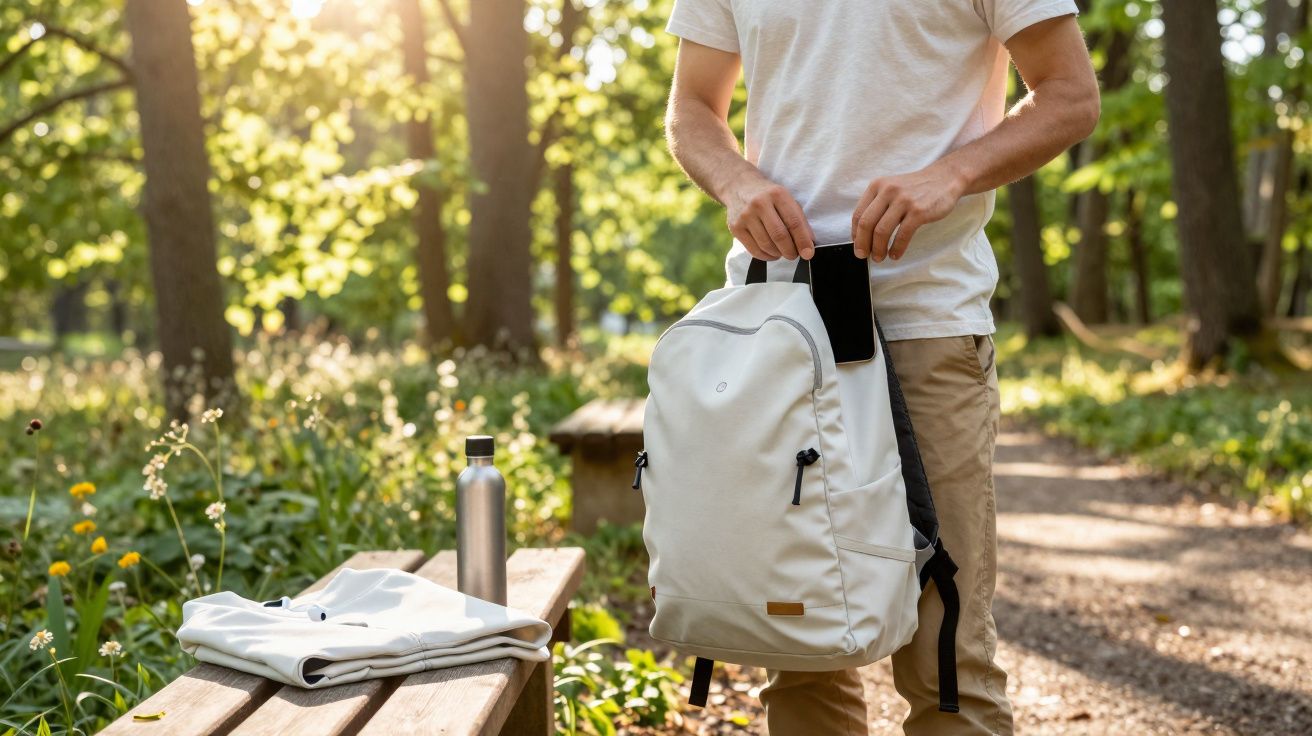 Pessoa guardando celular em mochila branca em parque com banco de madeira e garrafa térmica.
