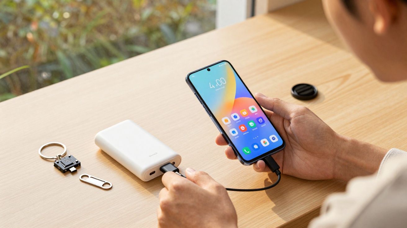 Pessoa segurando smartphone conectado a power bank sobre mesa de madeira clara próxima a janela.