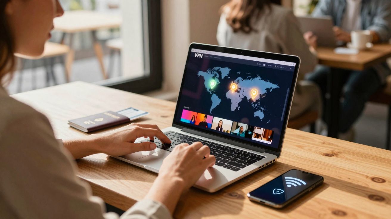 Pessoa usando laptop com mapa mundi e conexões VPN, celular e passaporte ao lado sobre mesa de madeira.