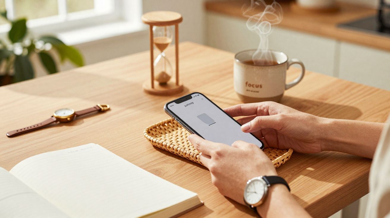Pessoa segurando celular, com livro aberto, relógios, ampulheta e xícara de café fumegante na mesa de madeira.