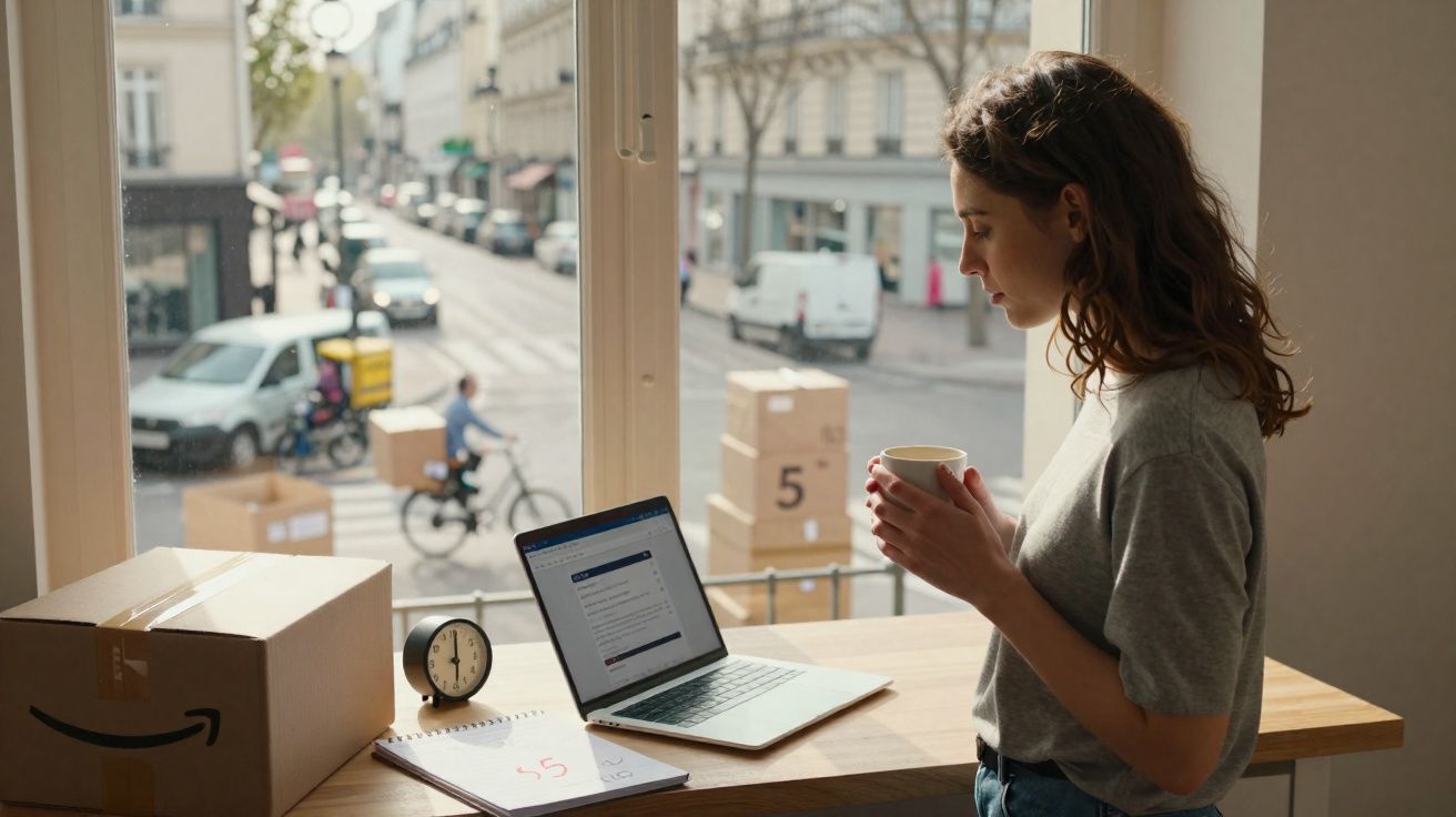 Mulher tomando café enquanto trabalha em notebook, com caixas e relógio em mesa perto da janela.