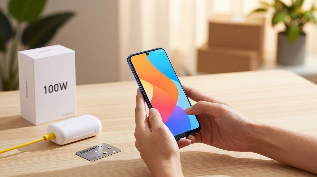 Pessoa segurando celular com tela colorida em mesa com caixa, carregador e dois botões pequenos.