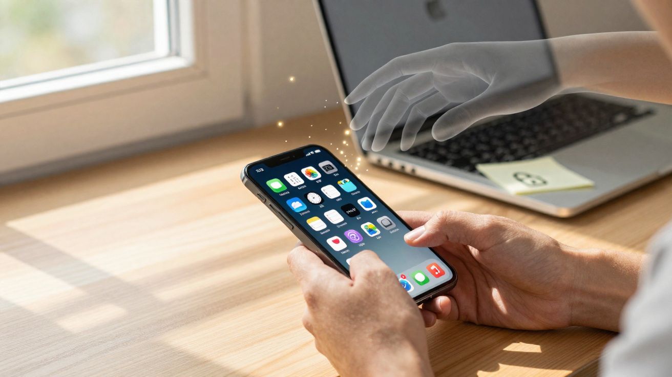 Pessoa segurando smartphone com mãos digitais holográficas surgindo ao redor, simbolizando tecnologia avançada.