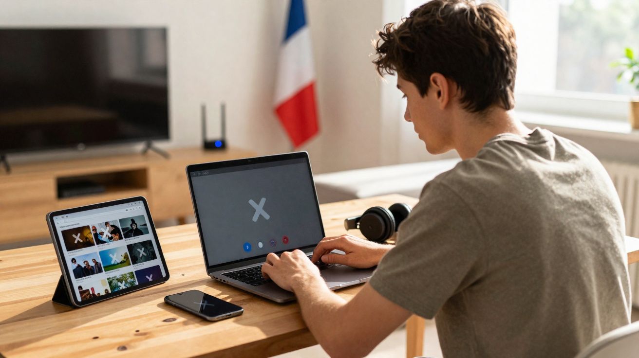 Jovem sentado à mesa usando laptop, com tablet e smartphone ao lado em ambiente doméstico iluminado.