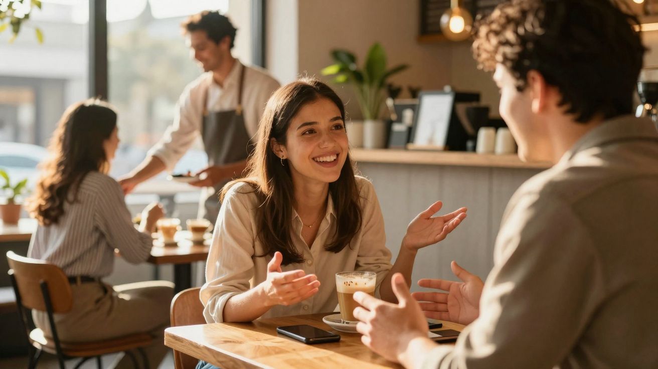 Duas pessoas conversando animadamente em uma cafeteria com bebidas na mesa e luz natural.