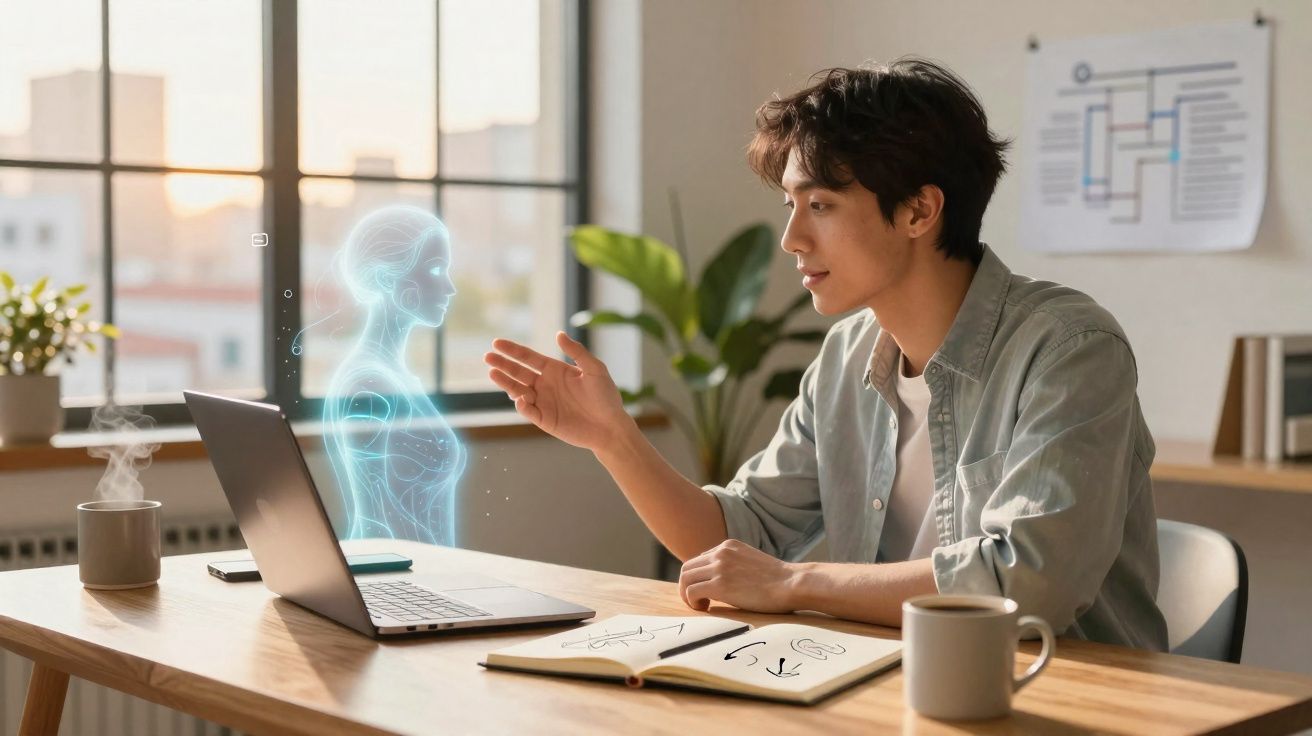 Homem interagindo com holograma feminino saindo de laptop em ambiente de trabalho iluminado.