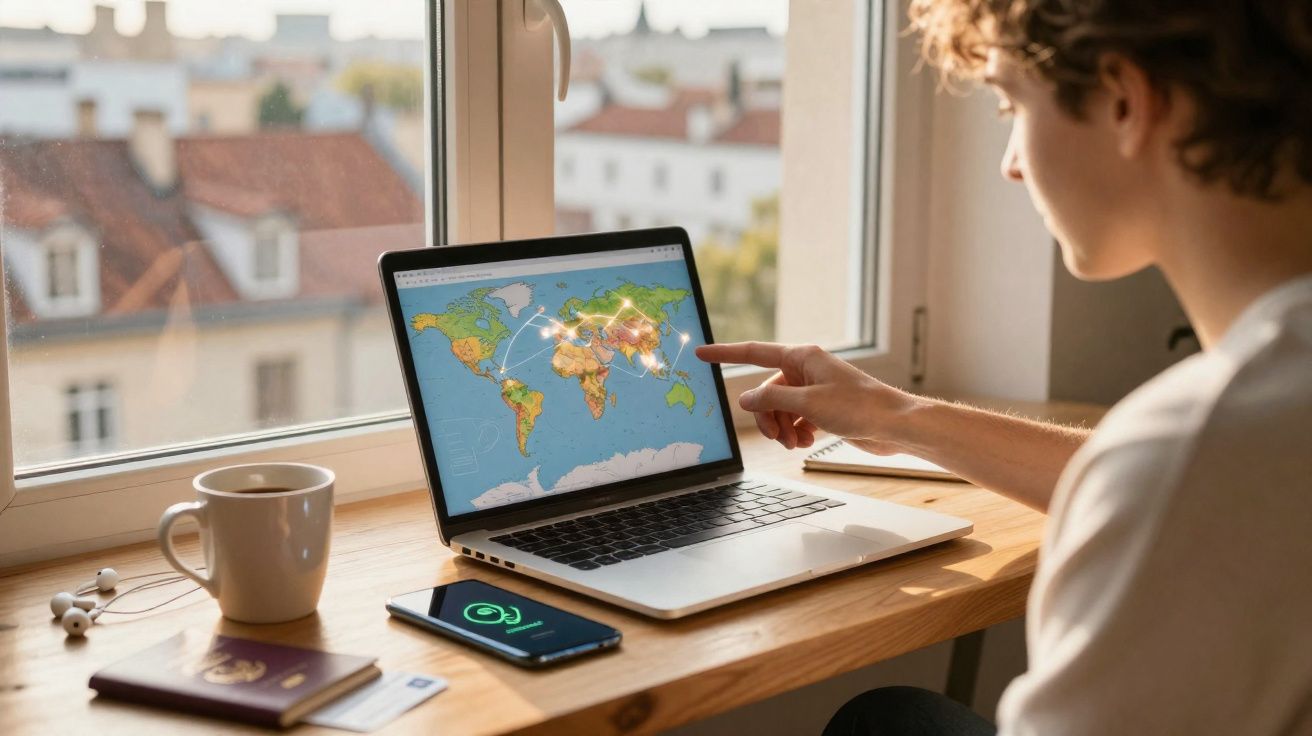 Pessoa olhando mapa-múndi em laptop, com smartphone, passaporte e xícara sobre mesa próxima à janela.