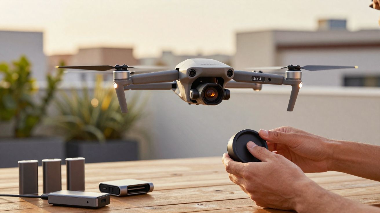 Drone cinza voando próximo a mesa de madeira, com baterias e controle nas mãos de uma pessoa.