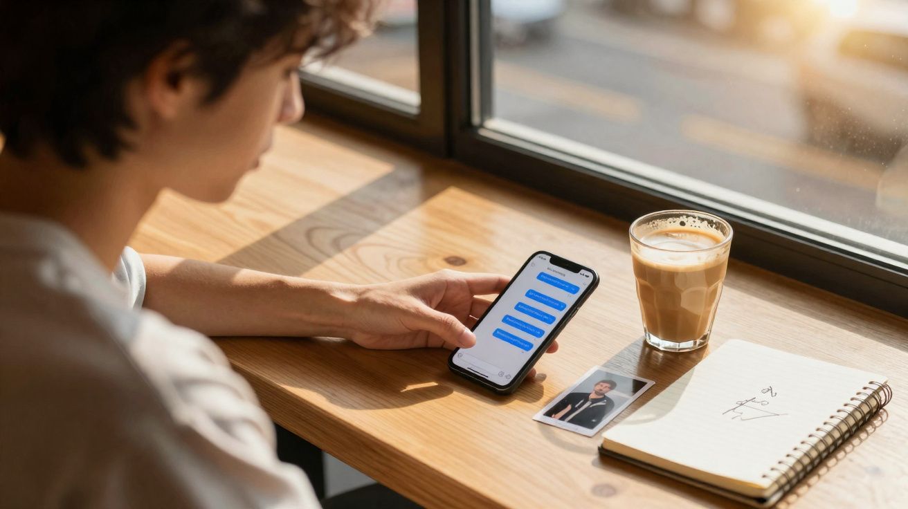 Pessoa lendo mensagens no celular em mesa de madeira com café, foto e caderno ao lado, próxima à janela.