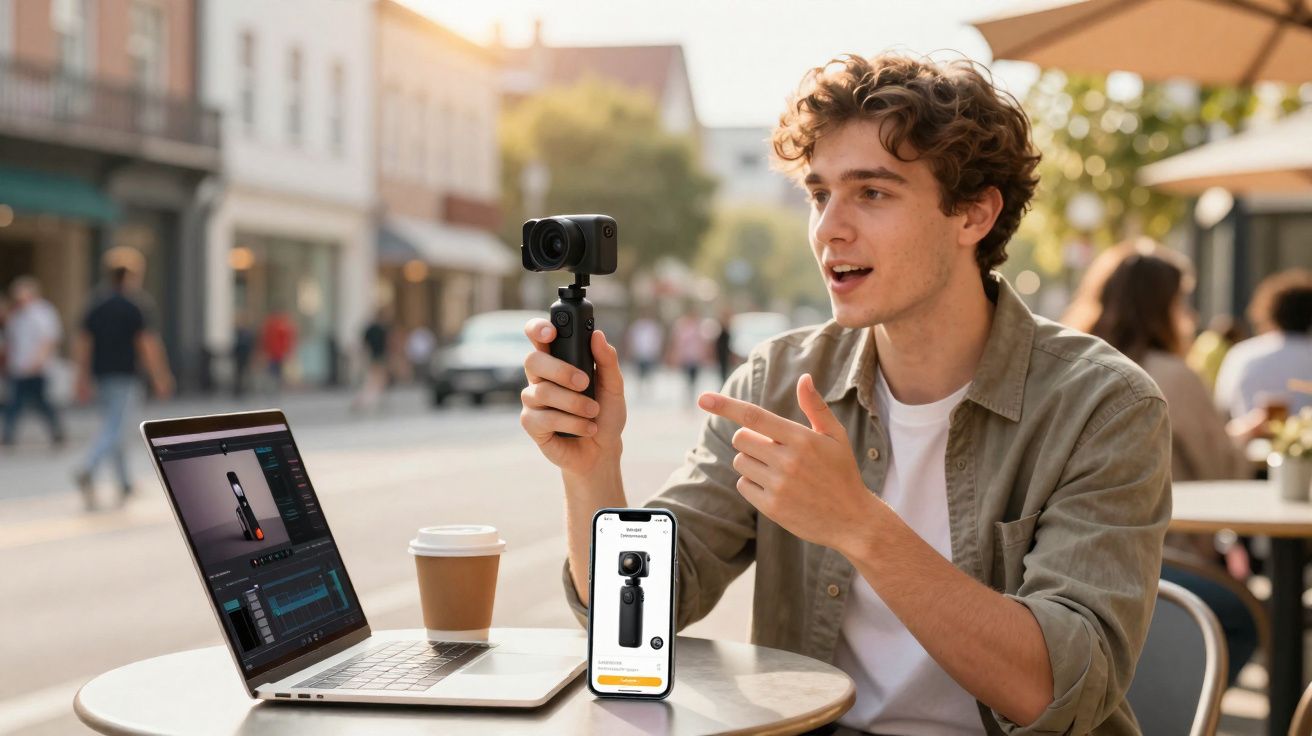 Homem jovem segurando câmera de ação em mini tripé em café, com laptop e celular na mesa exibindo a mesma câmera.