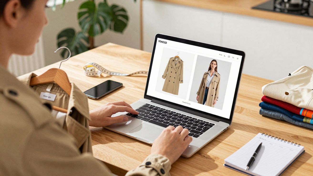 Pessoa olhando um casaco bege em um site de compras no laptop em uma mesa de madeira.