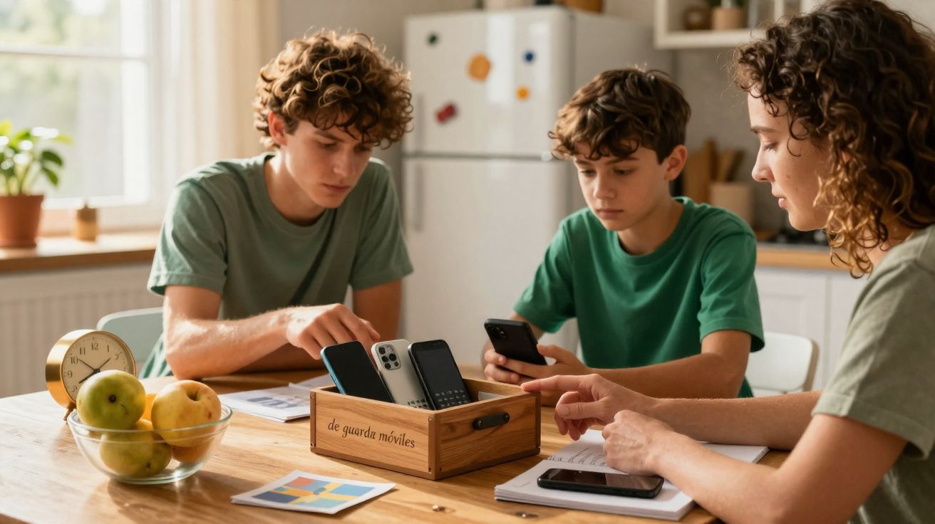 Família com três pessoas guardando celulares em caixa wooden na mesa da cozinha.