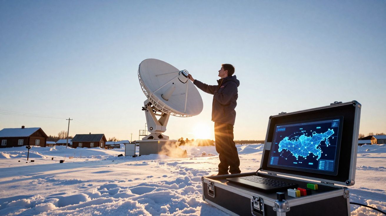 Homem ajusta antena parabólica ao ar livre na neve com laptop mostrando mapa digital ao nascer do sol.