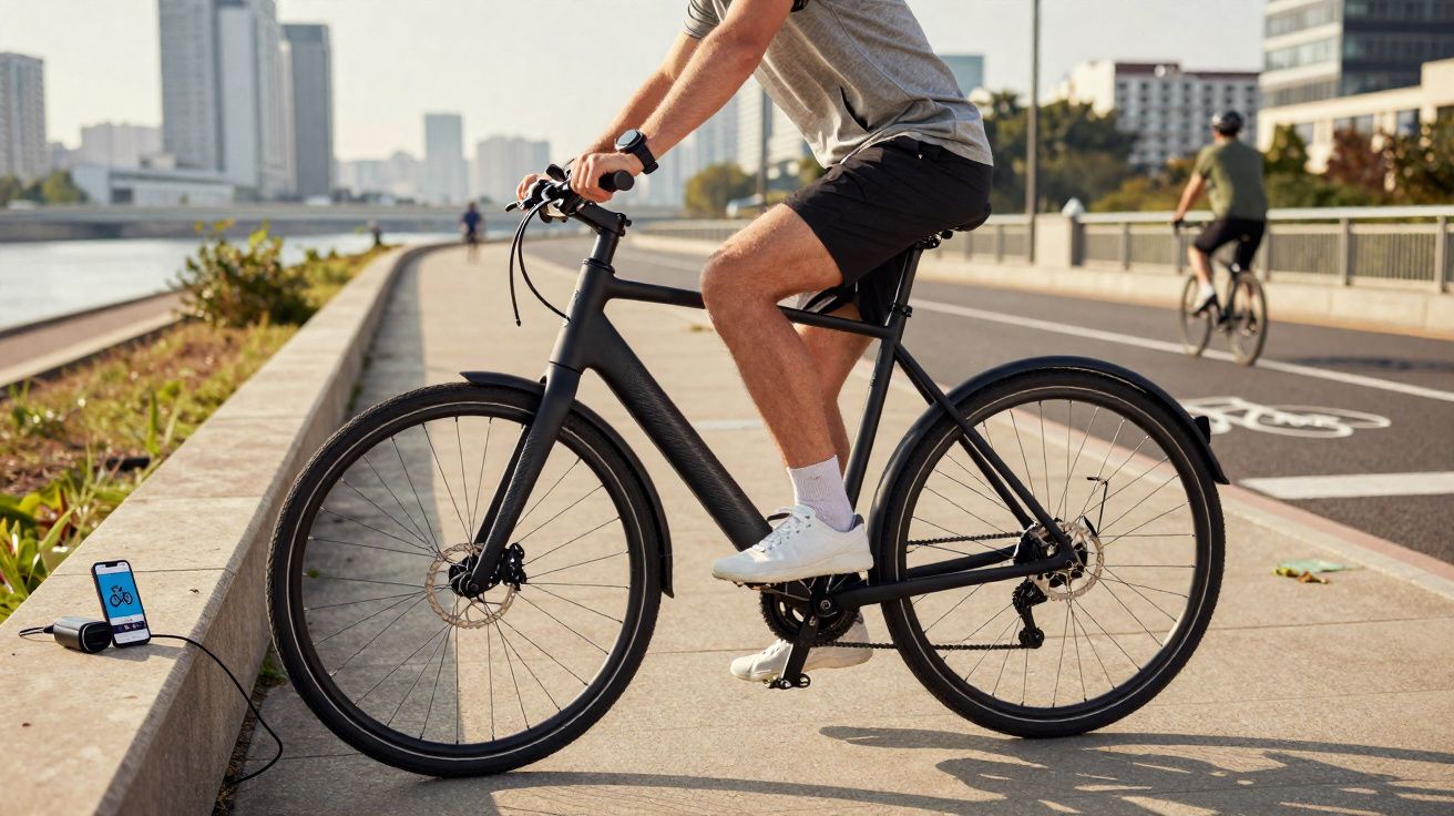 Pessoa pedalando bicicleta preta elétrica em ciclovia urbana, com celular conectado ao carregador na calçada.