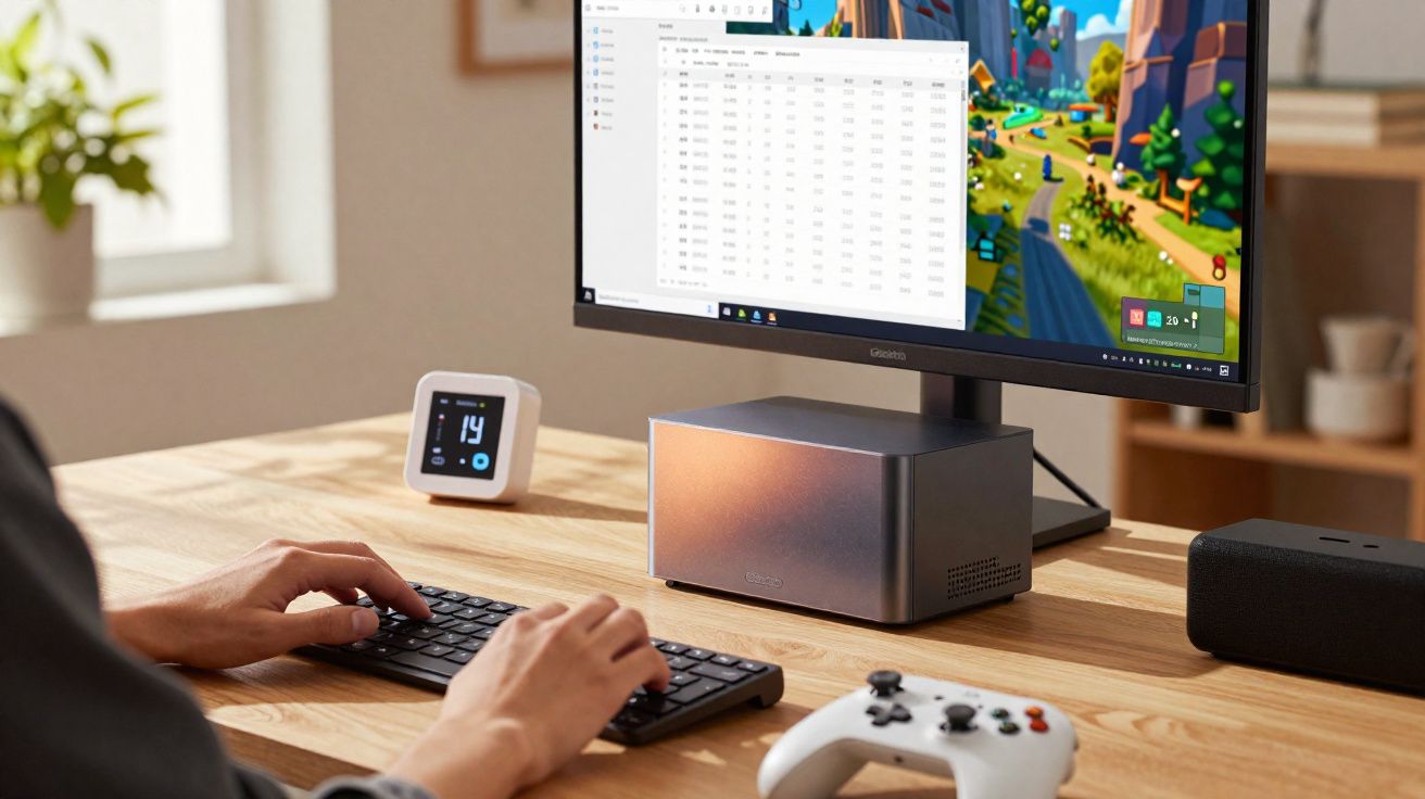 Mesa com teclado, monitor, controle de videogame, dispositivo eletrônico e mãos digitando.