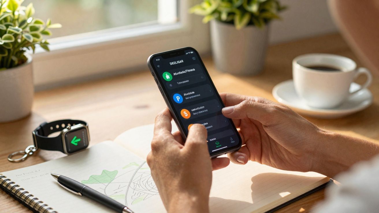 Pessoa usando smartphone com aplicativo aberto em mesa com caderno, caneta, relógio e xícara de café.