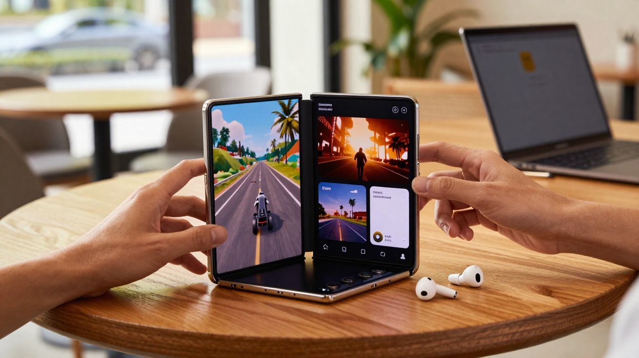 Pessoa usando smartphone dobrável aberto com jogo de moto e aplicativos na tela sobre mesa de madeira.