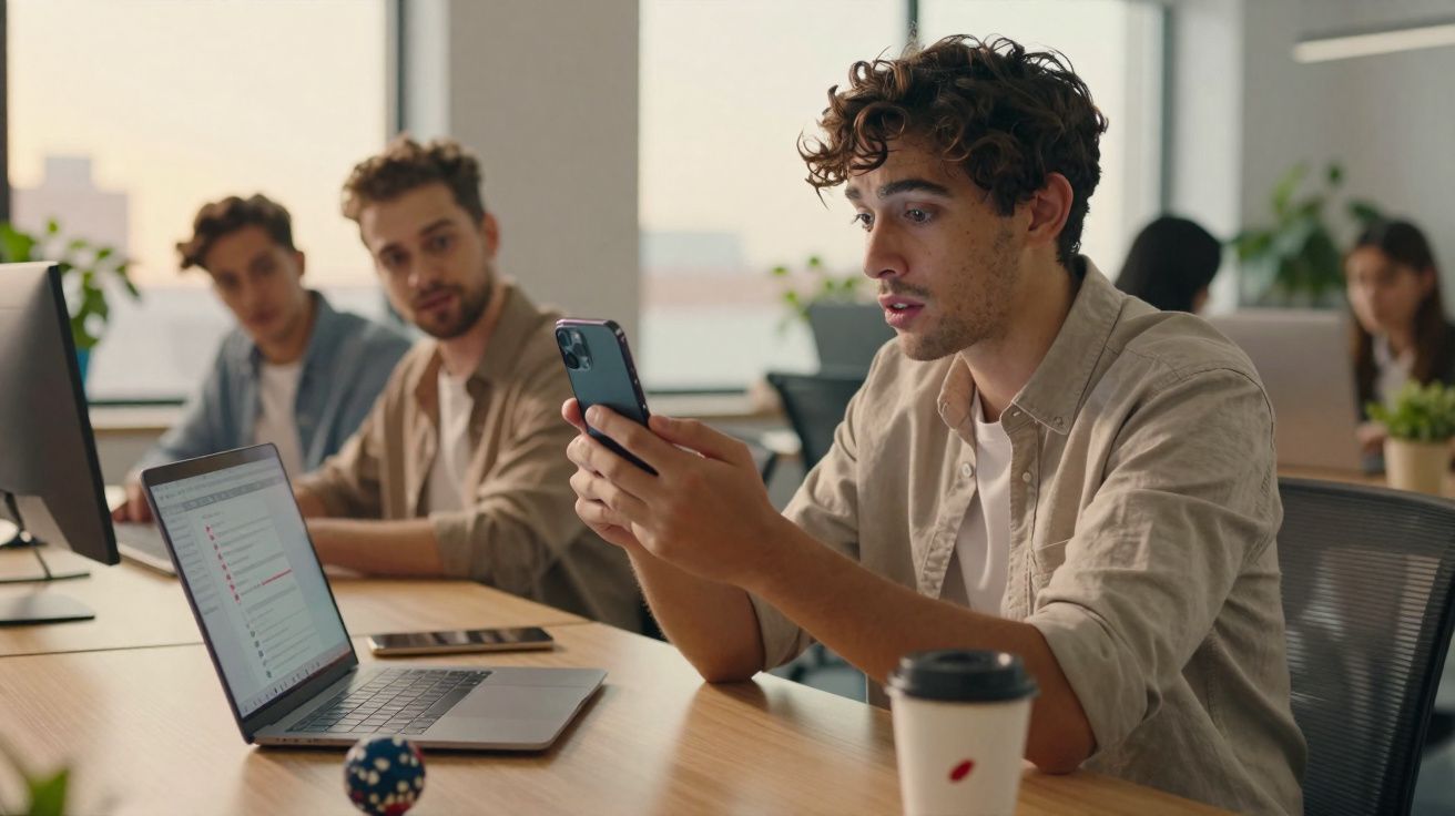Jovens trabalhando em escritório moderno, um deles usa celular e notebook, com café na mesa.