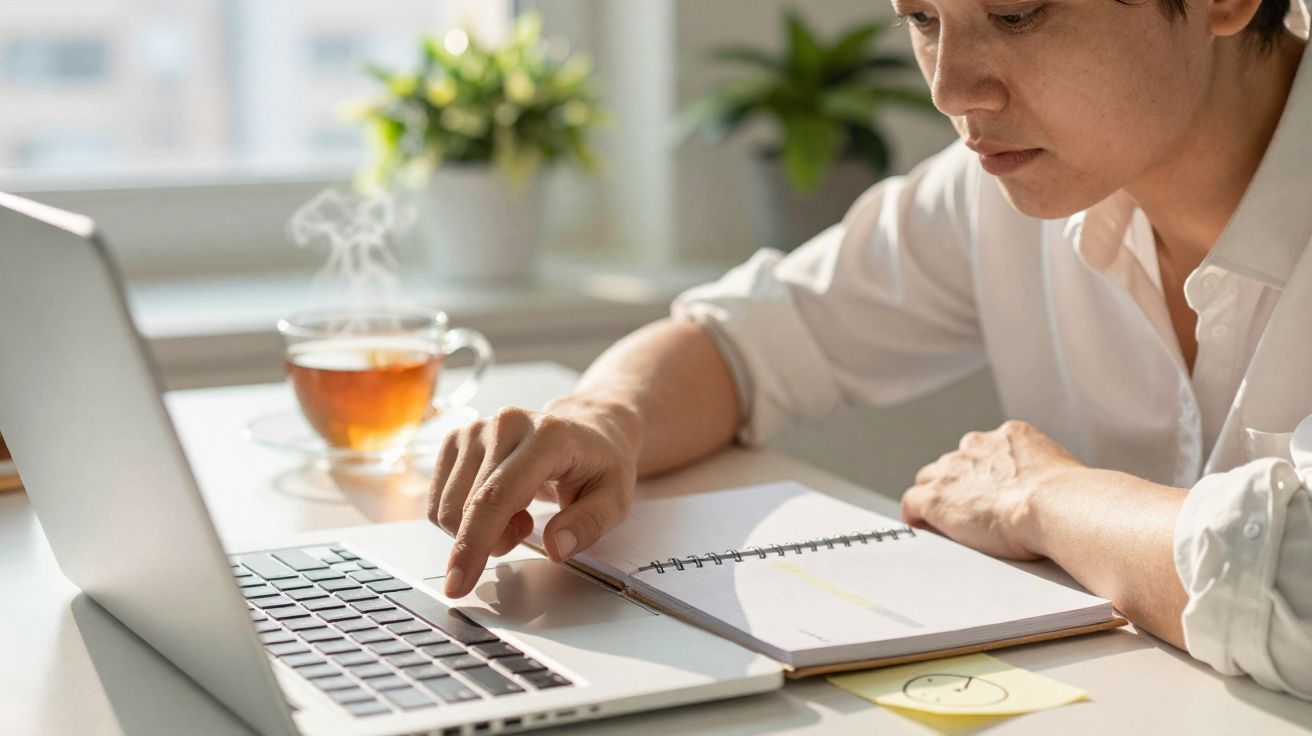 Pessoa trabalhando em laptop com caderno aberto e xícara de chá quente ao lado em ambiente iluminado.