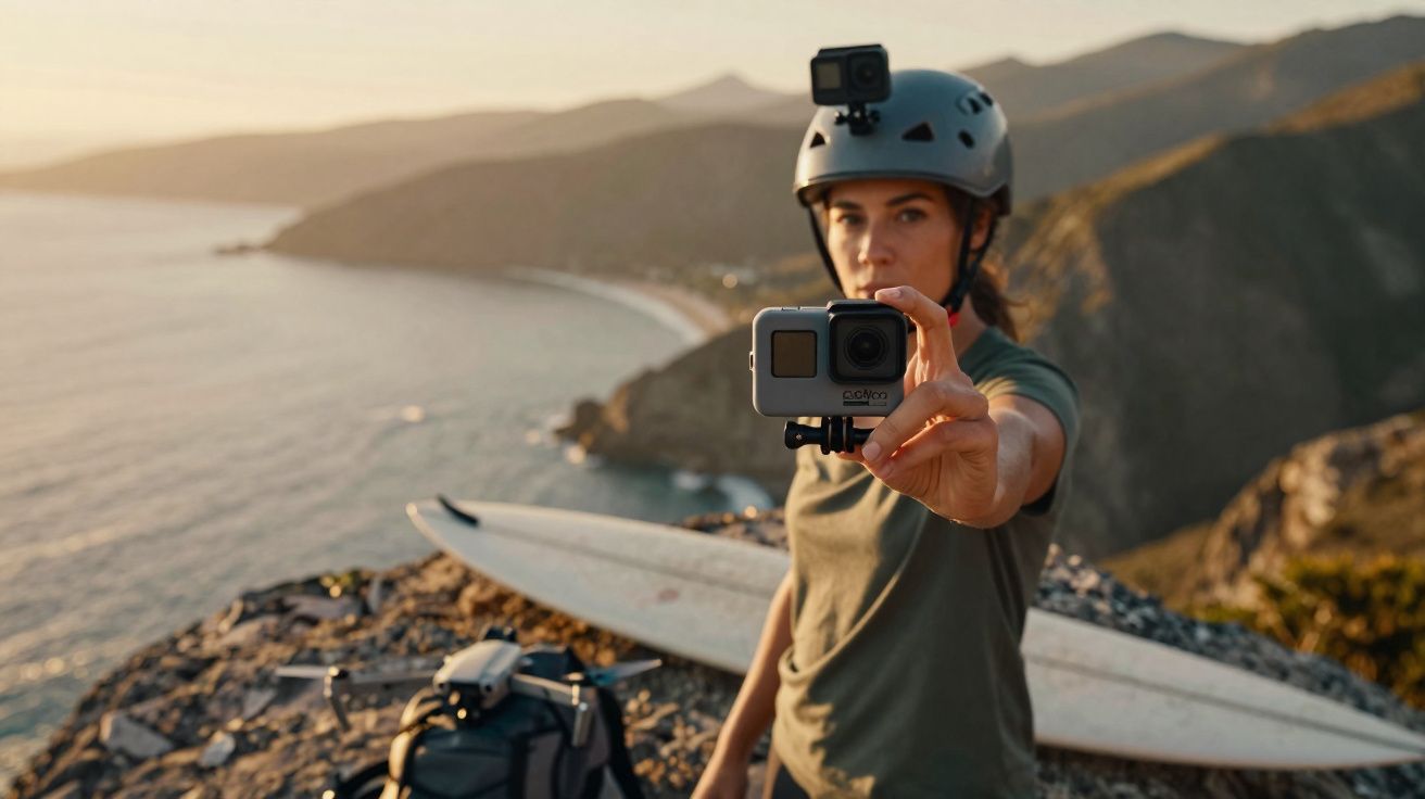 Mulher com capacete segurando câmera GoPro com prancha de surf e drone em costa rochosa ao pôr do sol.