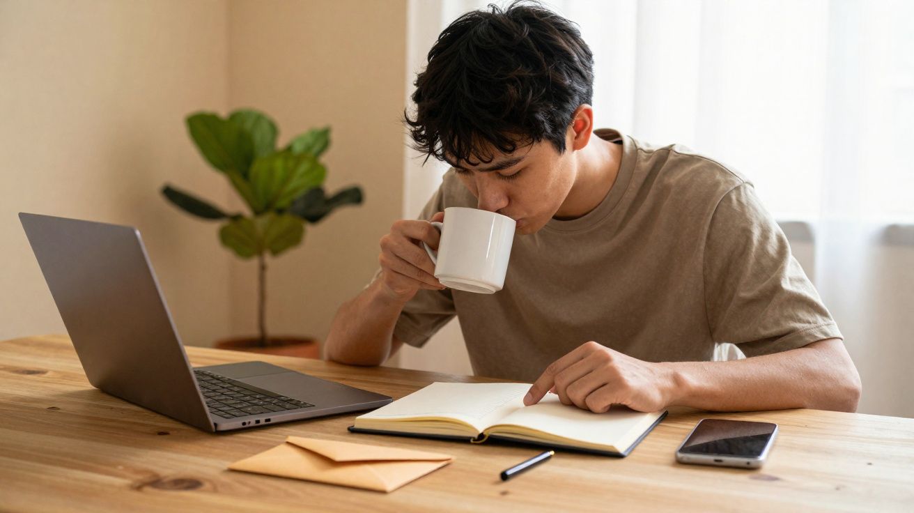 Jovem sentado à mesa lendo livro e tomando café, com notebook, celular e envelopes ao redor.