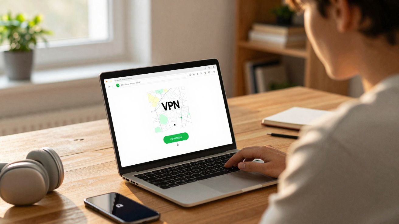 Pessoa usando notebook com tela mostrando conexão VPN ativa em uma mesa de madeira com celular e fones.