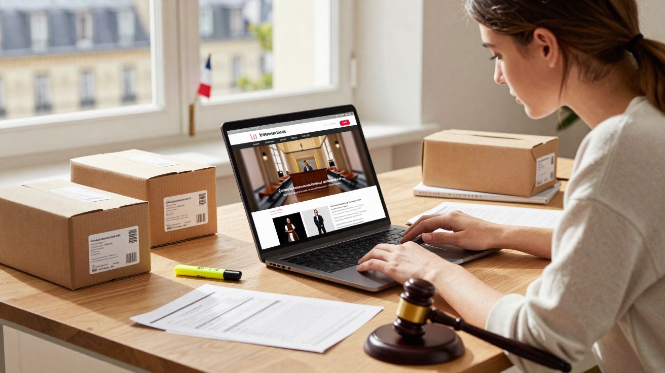 Mulher trabalhando em laptop com caixas, documento, marca-texto e martelo de juiz sobre mesa de madeira.