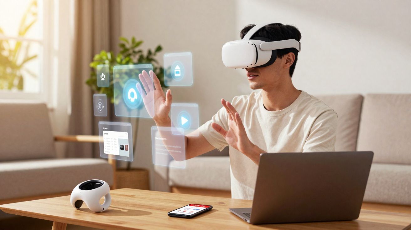 Homem usando óculos de realidade virtual interage com hologramas em sala moderna, perto de laptop e celular.