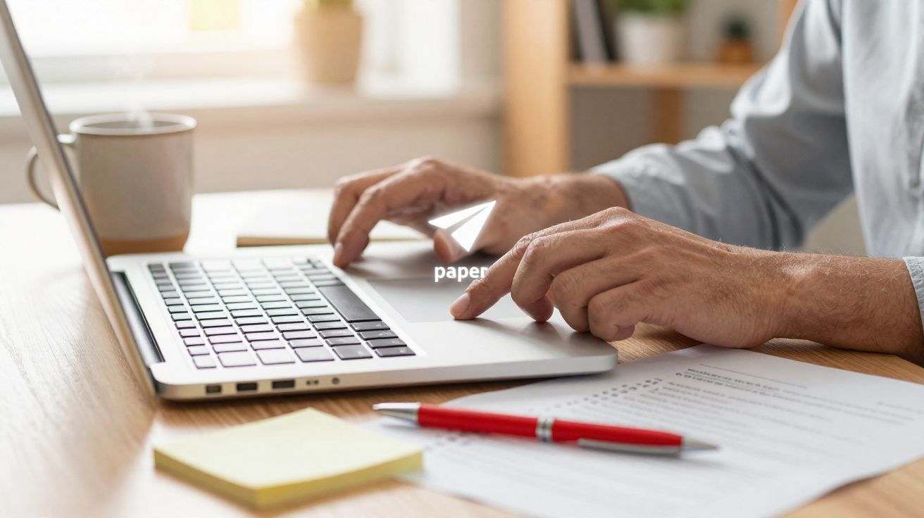 Pessoa digitando em laptop sobre mesa com caneca, bloco de notas adesivas, caneta vermelha e documentos.
