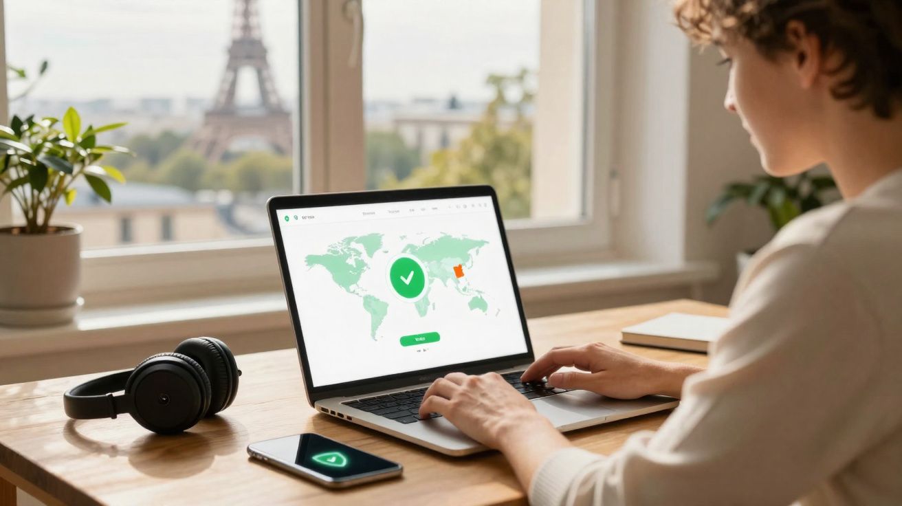 Pessoa usando laptop com mapa mundial e marcação em site de rede privada virtual, fones e celular na mesa.