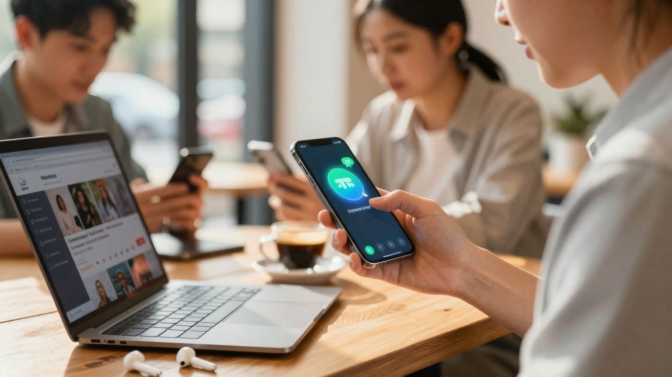 Pessoa segurando smartphone com aplicativo aberto, mesa com laptop e duas pessoas ao fundo usando celulares.