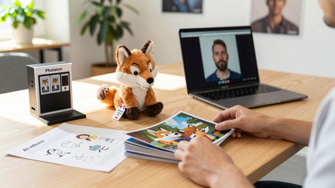 Pessoa segurando uma revista em quadrinhos, com pelúcia de raposa e computador em videochamada sobre mesa.
