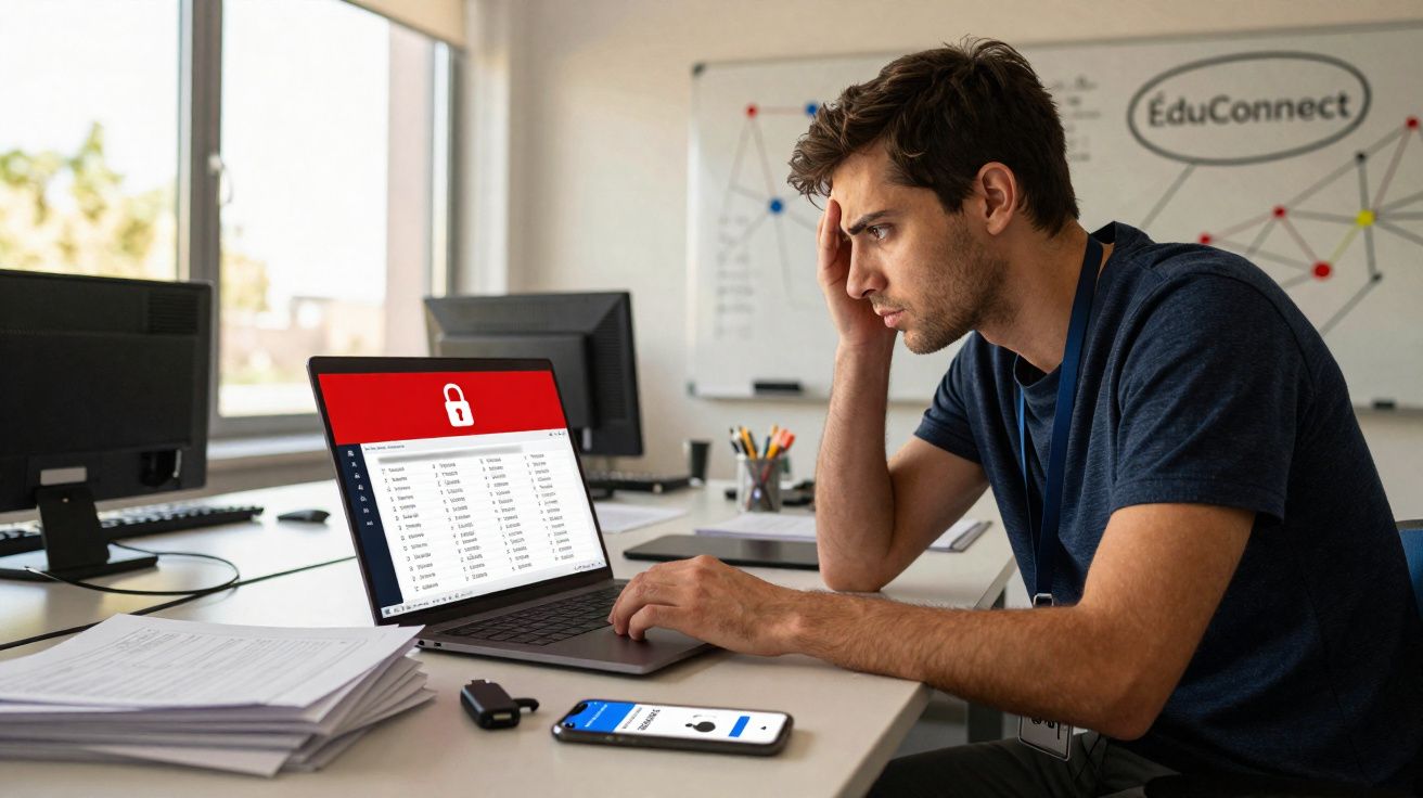 Homem preocupado olhando para laptop com alerta de segurança em escritório moderno iluminado.