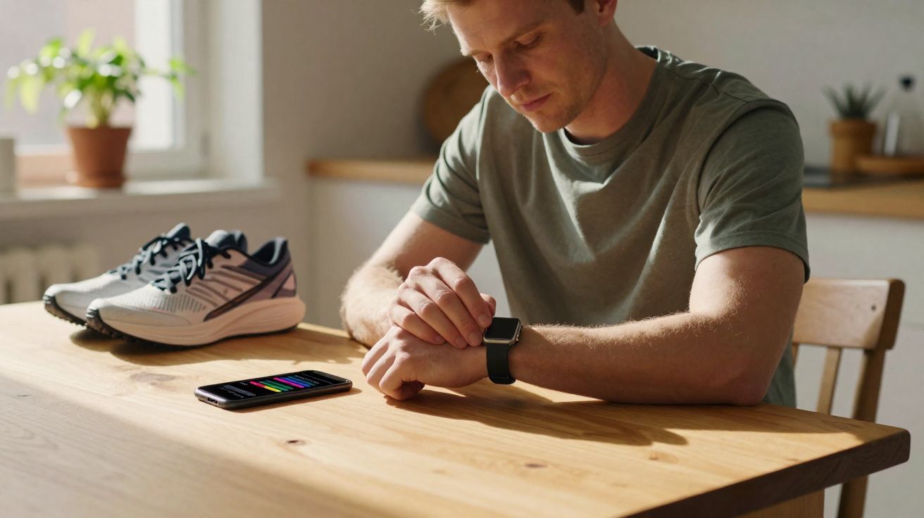 Homem usando relógio inteligente sentado à mesa próxima a tênis e smartphone com aplicativo de exercícios aberto.