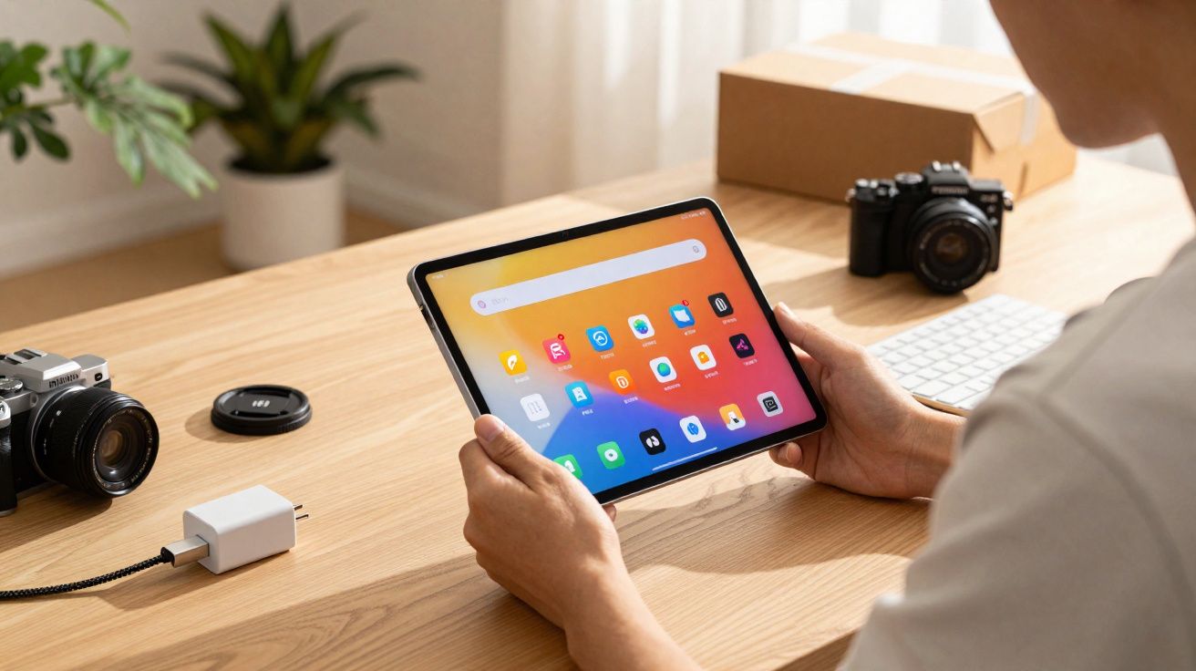 Pessoa segurando um tablet com tela colorida, sobre mesa de madeira com câmeras e acessórios.