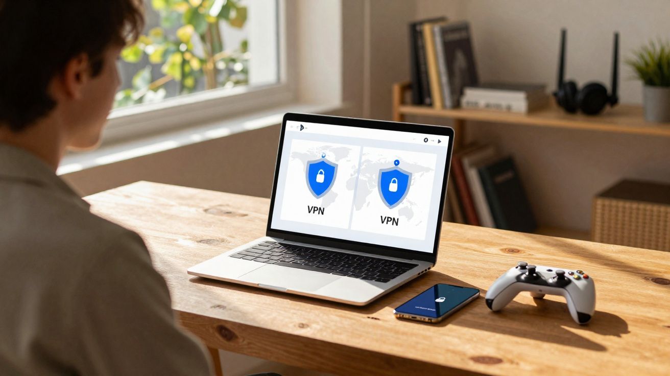 Pessoa olhando para laptop com duas telas de VPN abertas em mesa com controle de videogame e celular.