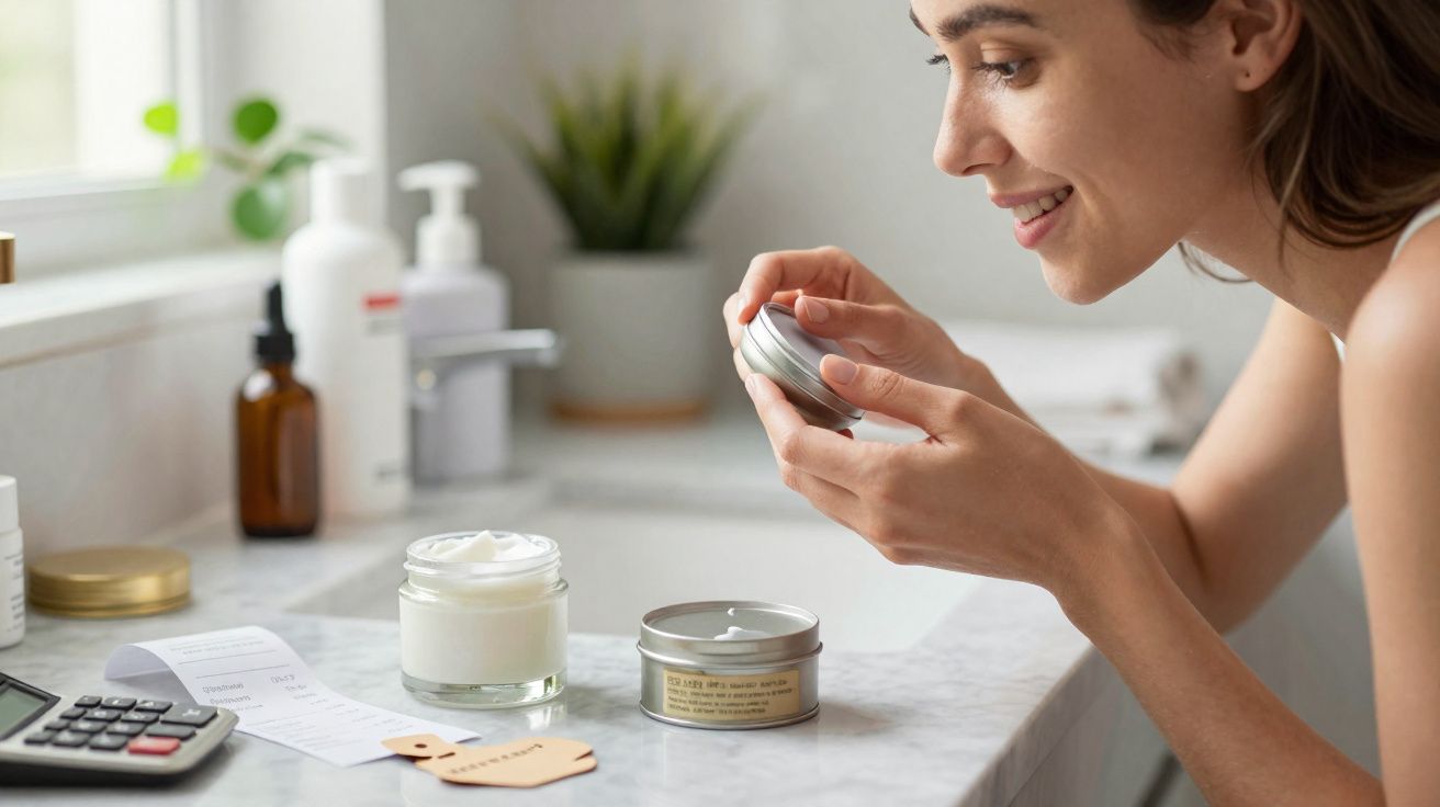 Mulher sorrindo segurando pote de creme em banheiro com outros frascos e recibo sobre a bancada.