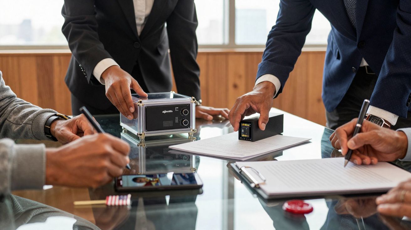 Pessoas em reunião formal analisando equipamentos eletrônicos e anotando informações em pranchetas.