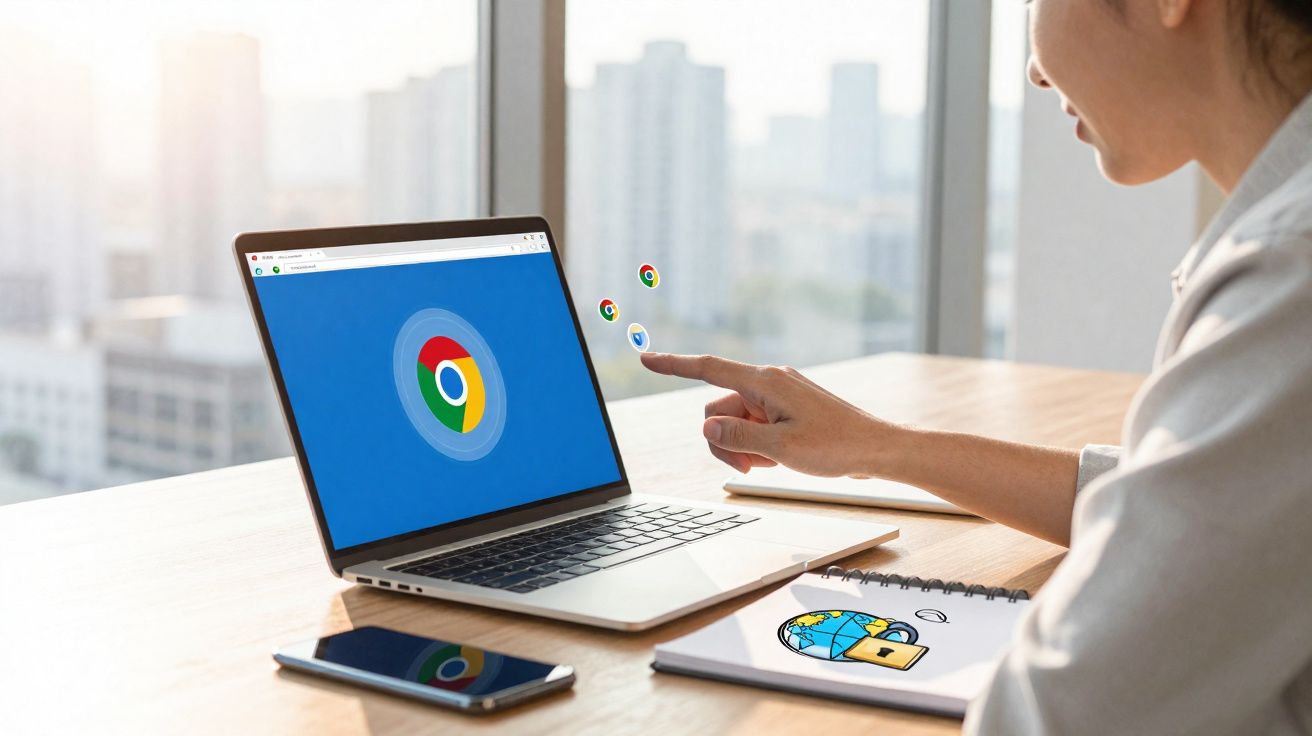 Pessoa usando laptop com logo do Google Chrome na tela e smartphone sobre a mesa em ambiente claro.