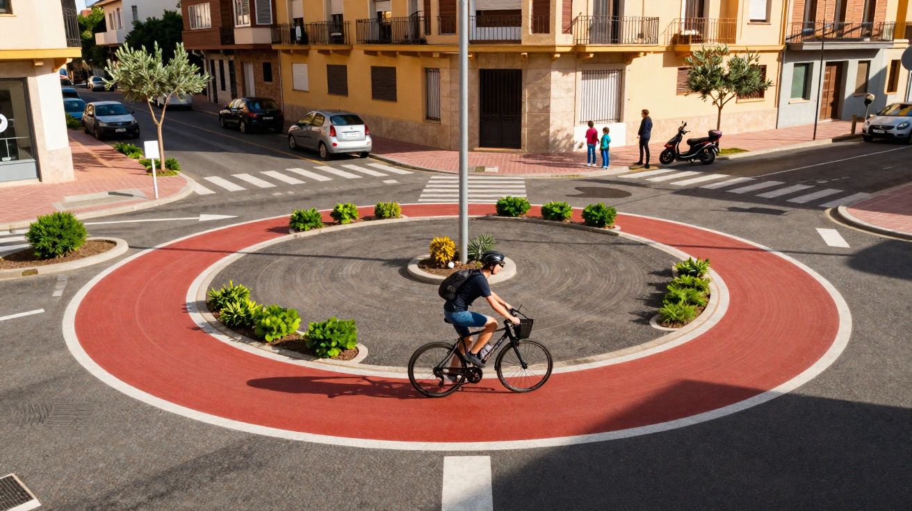 Ciclista usando capacete pedala em rotatória vermelha com plantas, ao redor prédios e pedestres ao fundo.