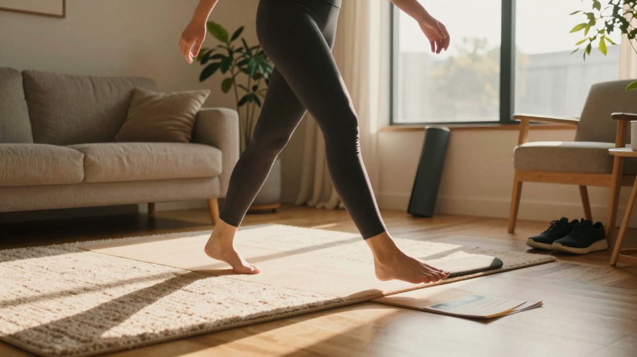 Pessoa caminhando descalça sobre tapete em sala iluminada, com sofá e poltrona ao fundo.