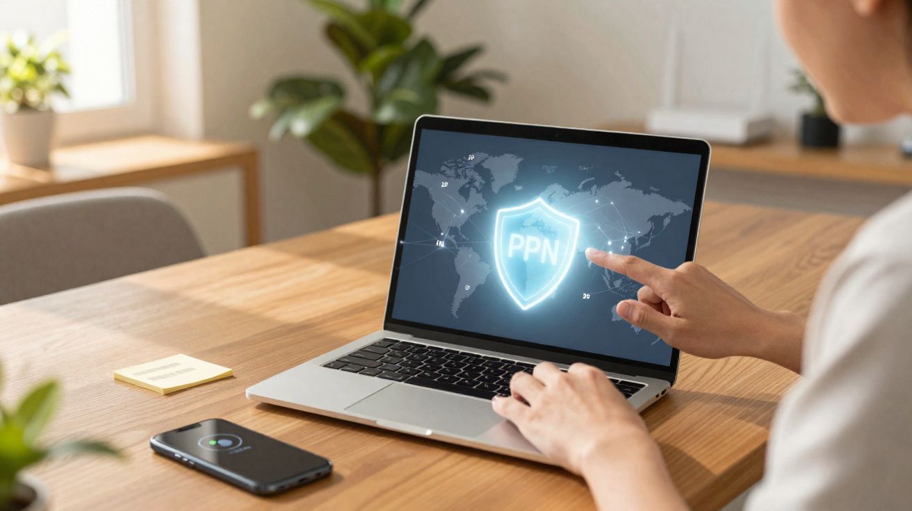 Pessoa usando laptop com imagem de escudo digital escrito PPN e mapa mundial na tela.