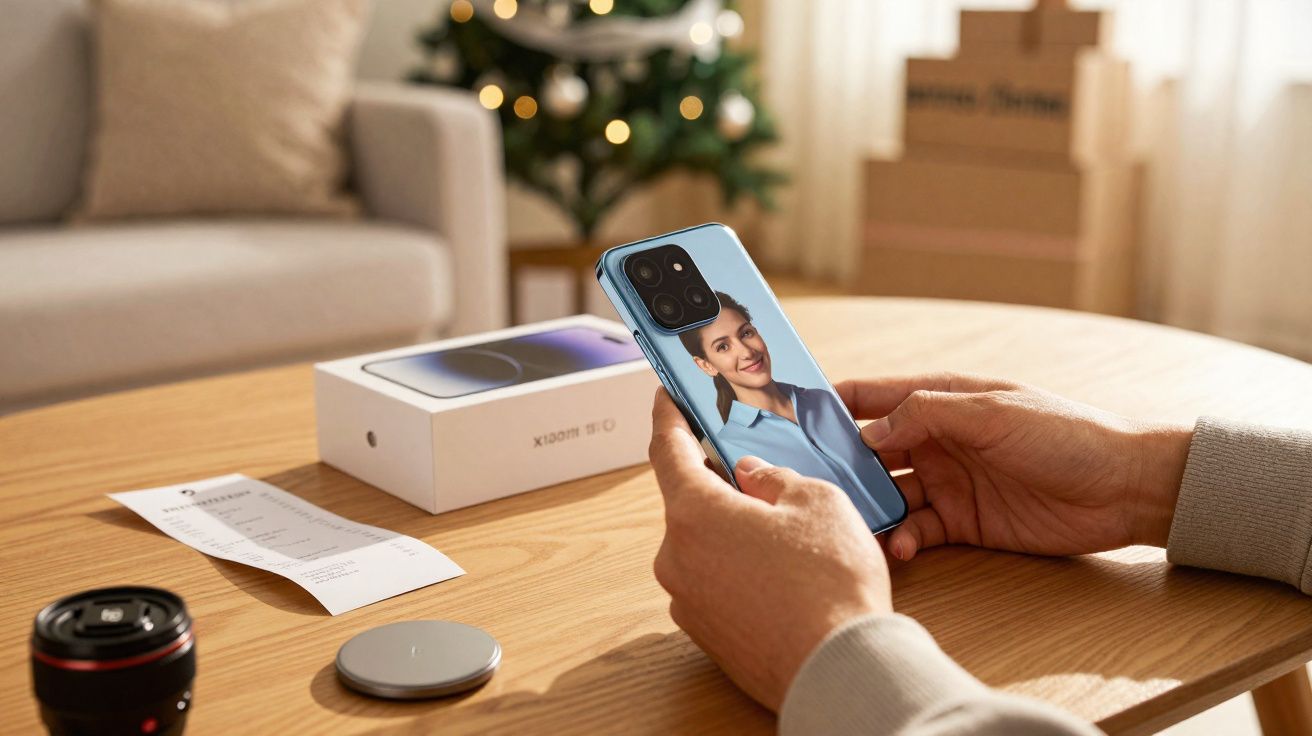 Pessoa segurando smartphone com foto de mulher na tela, mesa com caixa do celular e acessórios ao redor.