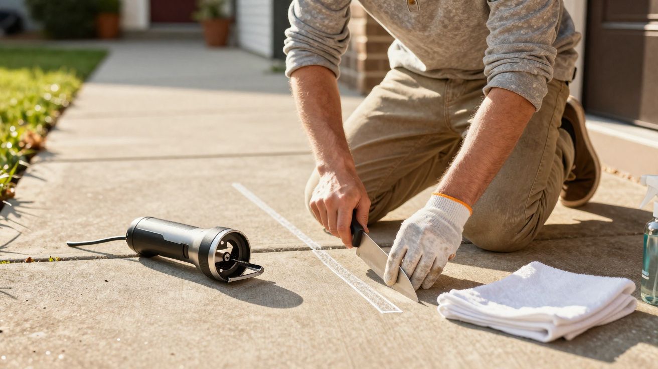 Pessoa cortando linha marcada no chão de concreto com estilete, com luvas e ferramentas ao redor.